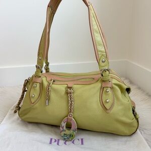 Emilio Pucci Leather Lime Green Shoulder Bag with Tan Trim